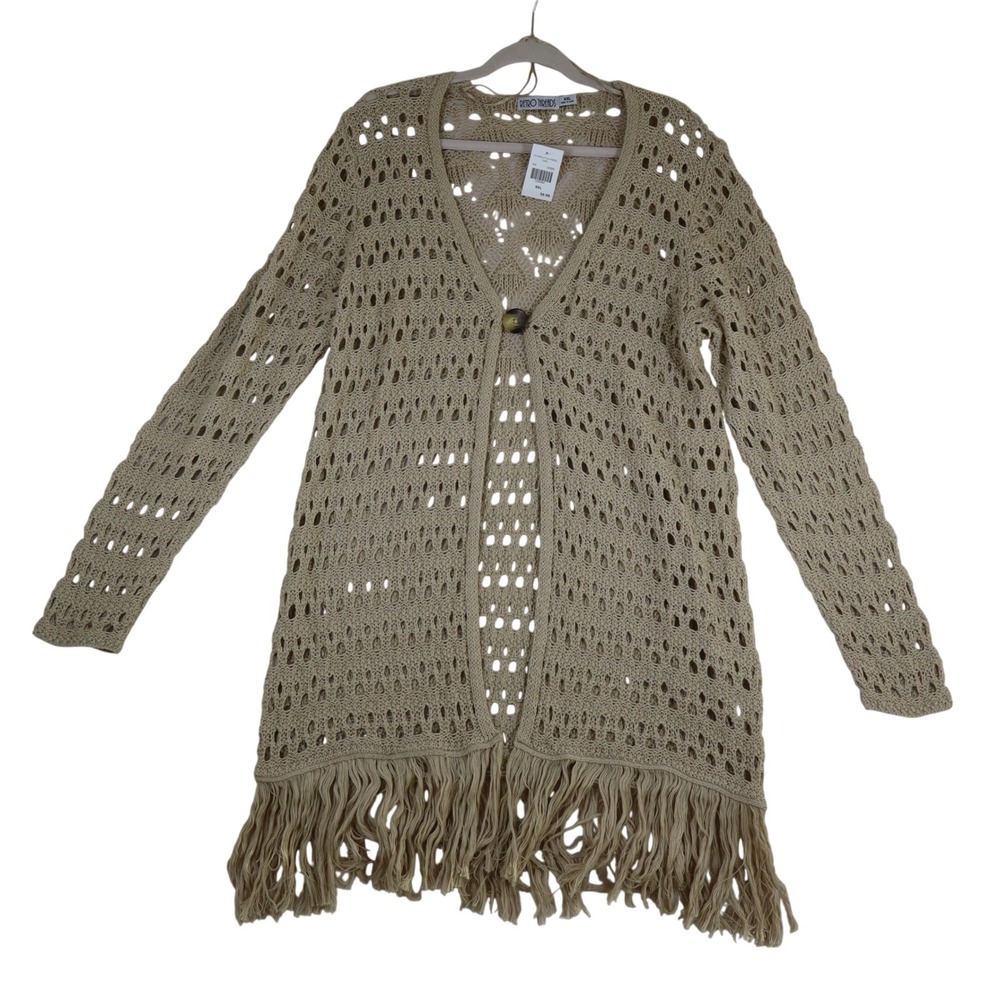 Retro Threads Cardigan Women's XXL Crochet Knit Beige Boho Hippie Fringe NWT